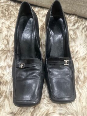 VERSACE Black Leather Square-Toe Loafers with Silver VERSACE Medusa Accent
